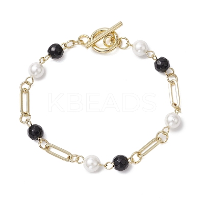 Shell Pearl Beads & Black Stone Link Bracelets BJEW-JB11270-1