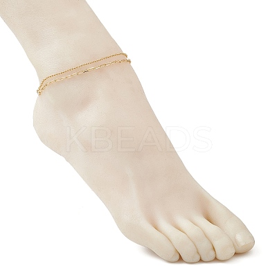 Brass Paperclip Chain and 304 Stainless Steel Ball Chain Double Layer Anklets for Women AJEW-AN00711-1