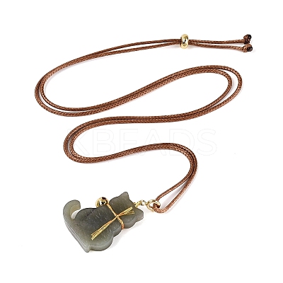 Natural Hetian Jade Cat Pendant Adjustable Cord Necklaces NJEW-N064-02-1