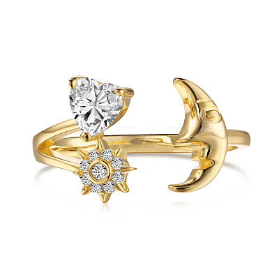 Clear Cubic Zirconia Heart Moon Cuff Ring RJEW-Q814-08G-1