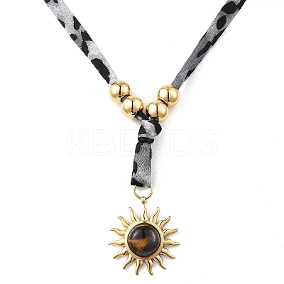 304 Stainless Steel with Natural Tiger Eye Sun Pendant Leopard Print Polyester Cord Necklaces for Women NJEW-A063-06G-1