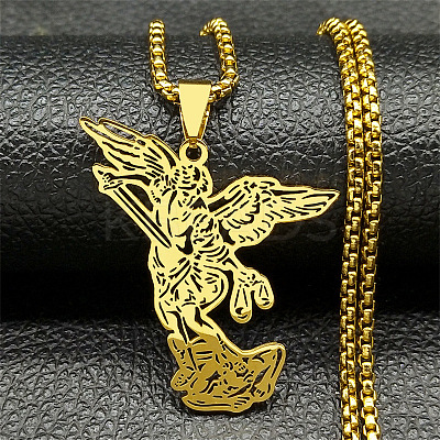 201 Stainless Steel Archangel Saint Michael Pendant Necklaces NJEW-K283-10G-1