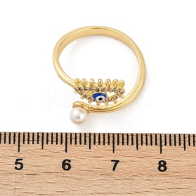 Evil Eye Brass Micro Pave Clear Cubic Zirconia Open Cuff Rings for Women. with ABS Plastic Imitation Pearl and Enamel RJEW-G343-20G-1