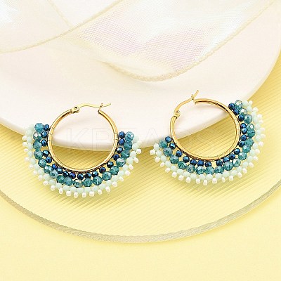 304 Stainless Steel & Bohemian Beaded Fan Hoop Earrings for Women EJEW-R001-01G-01-1