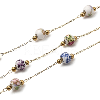 Handmade 304 Stainless Steel Porcelain Beaded Round with Flower Pattern Link Chains CHS-L032-15G-02-1