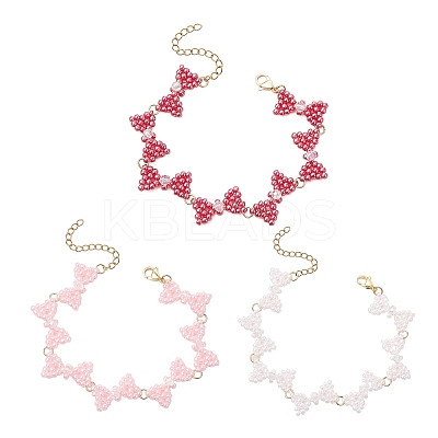 3Pcs 3 Colors Glass Seed Beads Bowknot Link Bracelets for Women BJEW-MZ00220-1