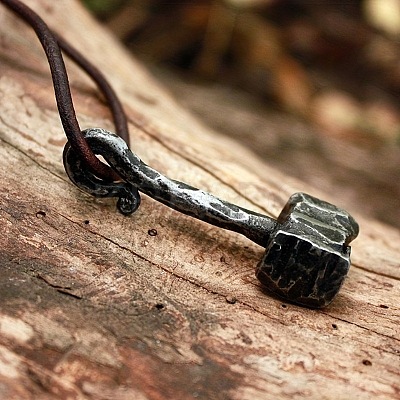 Alloy Viking Hammer Pendant Imitation Leather Cord Necklaces for Men FS-WGE3E04-01-1