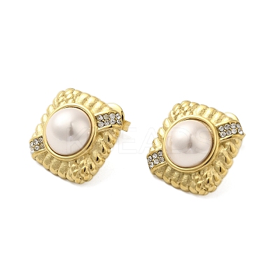 304 Stainless Steel Shell Pearl Square Stud Earrings for Women EJEW-U020-26G-1