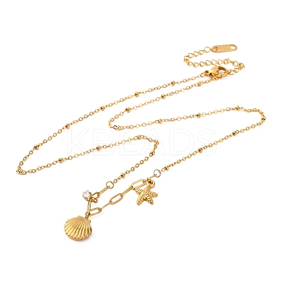 Ion Plating(IP) Summer Beach 304 Stainless Steel Clear Cubic Zirconia Satellite Chain Necklaces NJEW-S004-02G-1