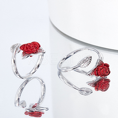 2Pcs Brass Enamel Rose Finger Ring for Women RJEW-LP0001-41-1