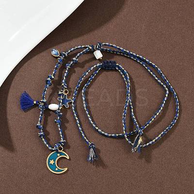 304 Stainless Steel Blue Enamel Moon Pendant Cotton Cord Adjustable Necklaces NJEW-C093-04G-1
