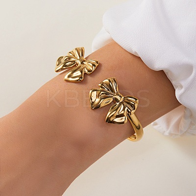 304 Stainless Steel Bowknot Cuff Bangles for Women BJEW-A154-03G-1