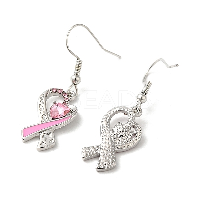 October Breast Cancer Pink Awareness Ribbon Alloy Dangle Earrings with Rhinestone EJEW-Z027-01P-1