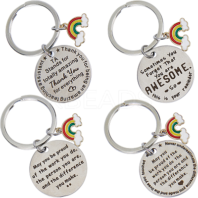 4Pcs 4 Styles  Teacher's Day Stainless Steel Flat Round with Word Pendant Keychain KEYC-GF0001-11-1