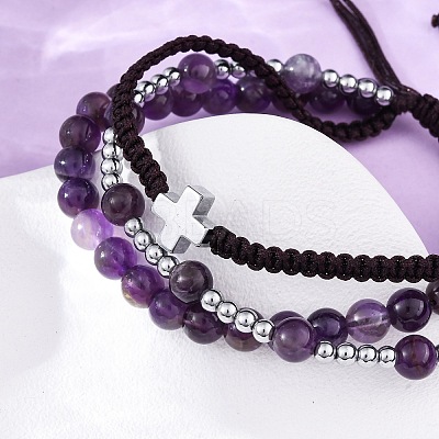 Adjustable Natural Amethyst & Hematite Braided Bead Bracelets BJEW-U035-01C-1