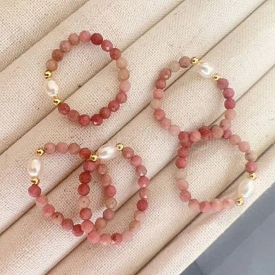 Brass & Natural Freshwater Pearl & Natural Rhodonite Beaded Stretch Rings WGB1DEC-02-1