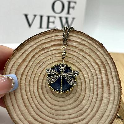 Bohemian Flat Round with Dragonfly Pattern Alloy Dark Cyan Glass Pendant Necklaces for Women FS-WG33723-01-1