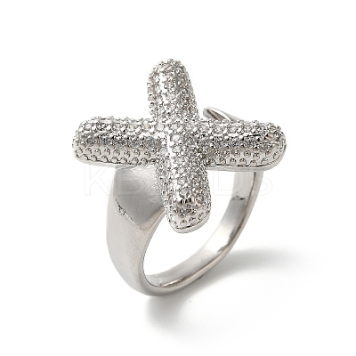 Letter Brass Micro Pave Clear Cubic Zirconia Open Cuff Ring for Women RJEW-N046-03X-P-1