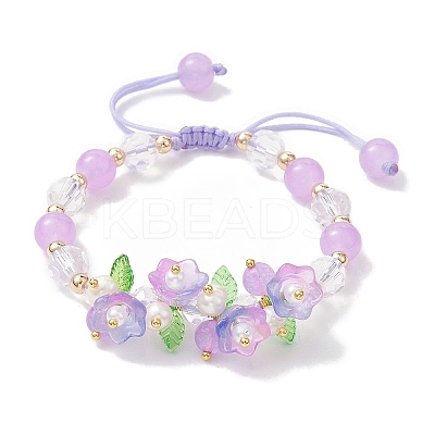 Flower Glass & Acrylic Braided Bead Adjustable Bracelets for Women BJEW-JB10446-1