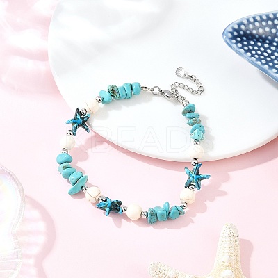 Dyed Synthetic Turquoise Starfish & Chip Beaded Anklets with 304 Stainless Steel End Chains AJEW-AN00733-02-1