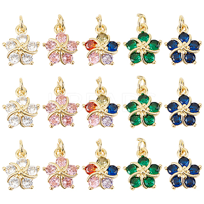 15Pcs 5 Colors Brass Clear Cubic Zirconia Pendants ZIRC-DR0001-06-1