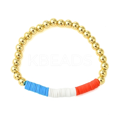 Independence Day 6mm Round Brass & Handmade Polymer Clay Beaded Stretch Bracelets for Women BJEW-JB10590-1