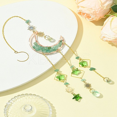 Natural Green Aventurine Chips Moon Pendant Decorations HJEW-FS00027-03-1