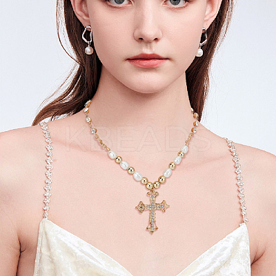 2Pcs 2 Colors Rhinestone Cross Fleury Pendant Necklace with Plastic Beaded Chains NJEW-AN0001-77-1
