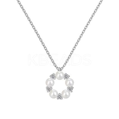 Round Ring 925 Sterling Silver Micro Pave Cubic Zirconia Pendant Necklaces for Women NJEW-F338-07P-1