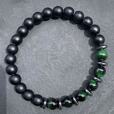 Natural Dyed Green Tiger Eye & Matte Black Obsidian Round Beads Stretch Bracelets for Men Women LS-UT1293-1-1