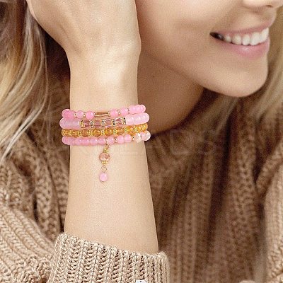 4Pcs 4 Style Natural Topaz Jade & Synthetic Citrine Stretch Bracelets Set with Glass Beaded BJEW-SW00105-07-1