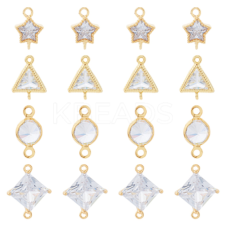 16Pcs 4 Styles Brass Pave Clear Cubic Zirconia Connector Charms KK-FH0007-30-1