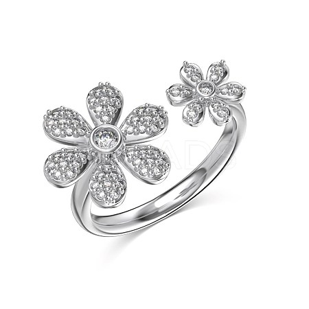 Flower Rhodium Plated 925 Sterling Silver Micro Pave Clear Cubic Zirconia Open Cuff Rings for Women RJEW-Q816-04P-1