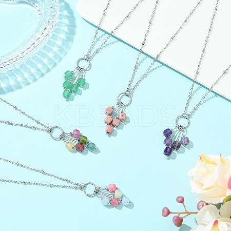 Natural Mixed Gemstone Faceted Cube Beaded Tassel Pendant 304 Stainless Steel Satellite Chain Necklaces for Women NJEW-JN06448-1