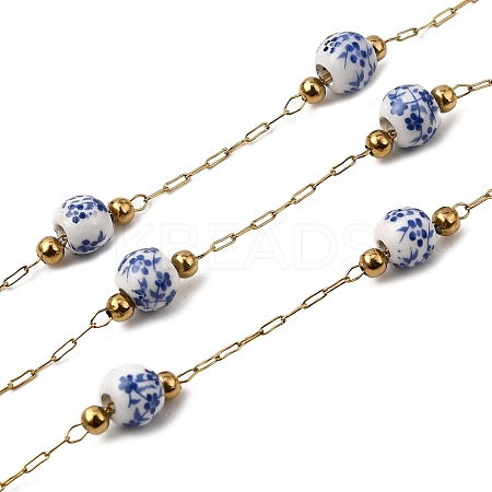 Handmade 304 Stainless Steel Porcelain Beaded Round with Flower Pattern Link Chains CHS-L032-15G-01-1