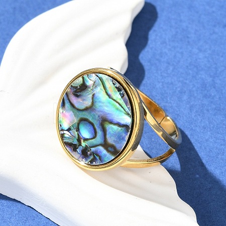 Flat Round 304 Stainless Steel Paua Shell Cuff Rings for Women RJEW-G346-02G-01-1