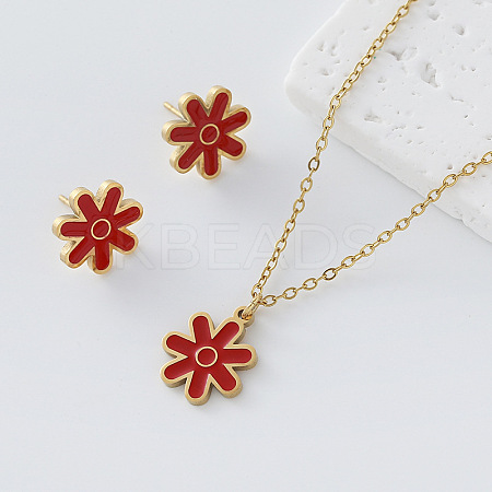 304 Stainless Steel Enamel Flower Pendant Necklace & Stud Earrings Set for Women BR4315-8-1