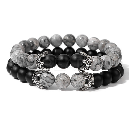 2Pcs 2 Styles Natural Picasso Jasper Beads Stretch Bracelet Set for Women Men MO5189-3-1