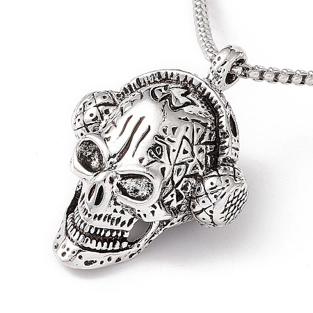 Alloy Skull with Headset Pendant Necklace with 201 Stainless Steel Box Chains LS-NJEW-E016-04AS-1