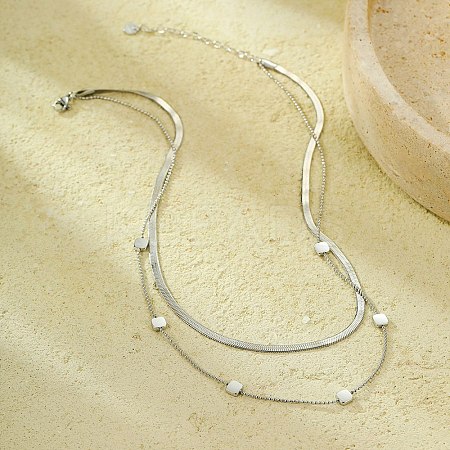 304 Stainless Steel Square Double Layered Necklaces for Women NJEW-U031-06P-1