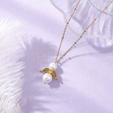 Shell Pearl with Alloy Wings Angel Pendant 304 Stainless Steel Satellite Chain Necklaces NJEW-JN05427-1