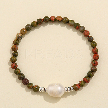 Natural Unakite & Freshwater Pearl Bead Stretch Bracelets for Women EC3110-4-1