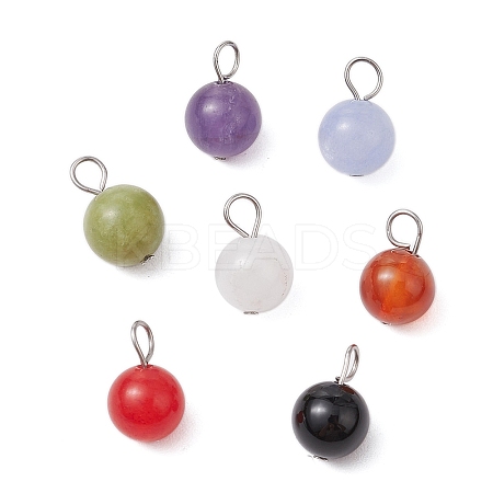 7Pcs 7 Colors Natural Aquamarine & Black Onyx & Amethyst & Malaysia Jade & Taiwan Jade & White Jade & Carnelian Round Pendants PALLOY-JF03193-1