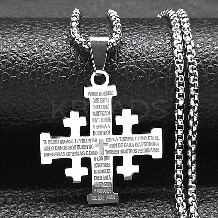 Jerusalem Cross 304 Stainless Steel Pendant Box Chain Necklaces NJEW-NH0003-01P-1