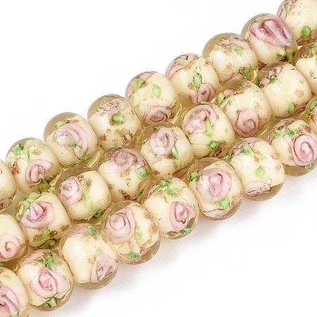 Handmade Lampwork Inner Flower Rondelle Beads Strands LAMP-T022-24I-1