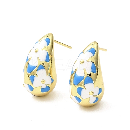 Teardrop with Flower Real 18K Gold Plated Brass Enamel Stud Earrings EJEW-L270-013G-02-1