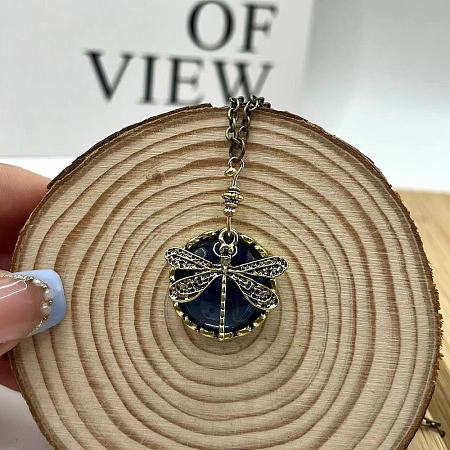 Bohemian Flat Round with Dragonfly Pattern Alloy Dark Cyan Glass Pendant Necklaces for Women FS-WG33723-01-1