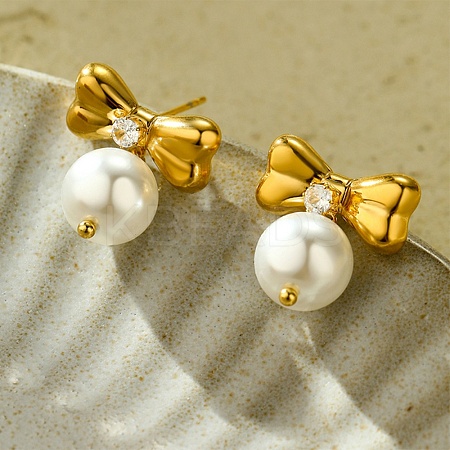 304 Stainless Steel Clear Cubic Zirconia ABS pearl Stud Earrings EJEW-S226-13G-1