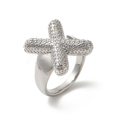 Letter Brass Micro Pave Clear Cubic Zirconia Open Cuff Ring for Women RJEW-N046-03X-P-1