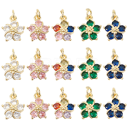 15Pcs 5 Colors Brass Clear Cubic Zirconia Pendants ZIRC-DR0001-06-1